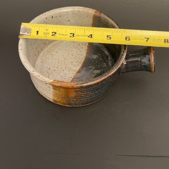 Vintage Studio Pottery Bowl with Cone Handle, Speckle Drip Glaze 6" Bowl - Picture 3 of 4